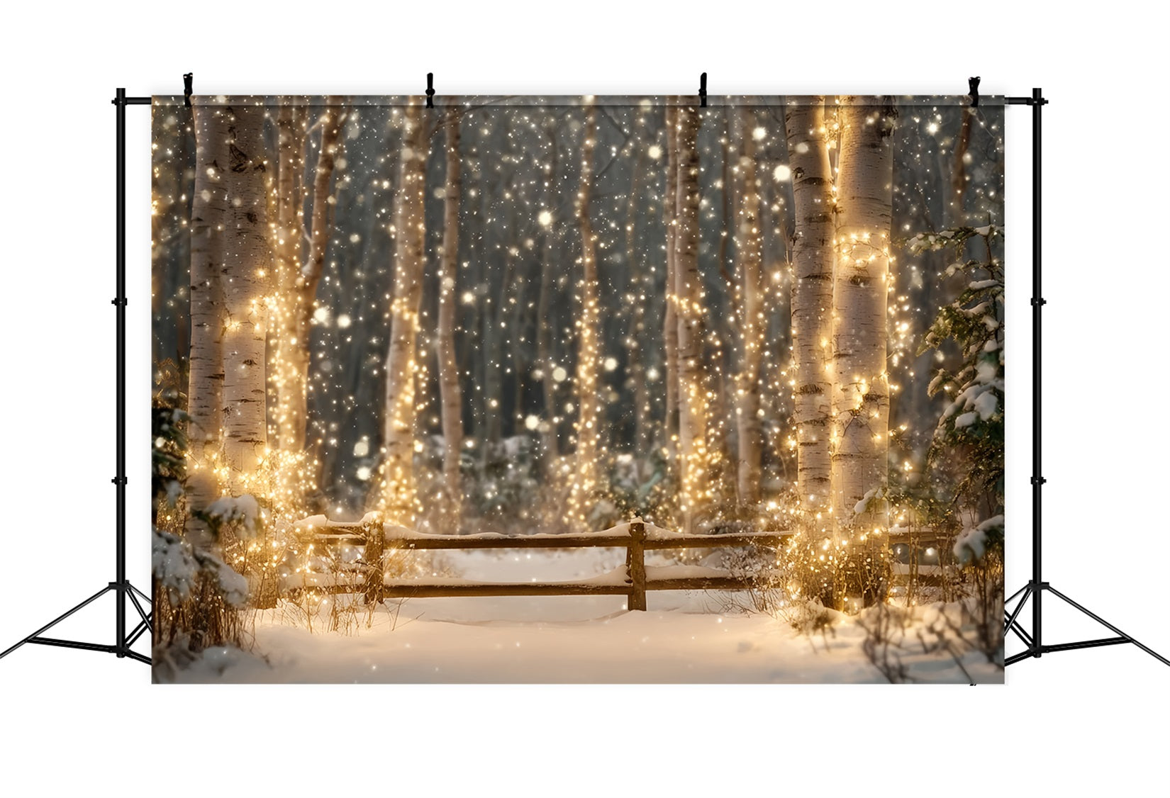 Nachtwald-Fotohintergrund Verschneite Birken Funkelnde Lichter Winterwald-Fotohintergrund TWW59-157