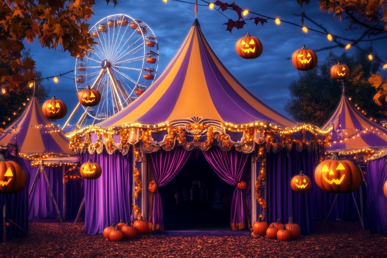 Halloween-Zirkus-Fotohintergrund Lila Kürbislaterne Zirkus-Fotohintergrund-Ideen TWW59-18