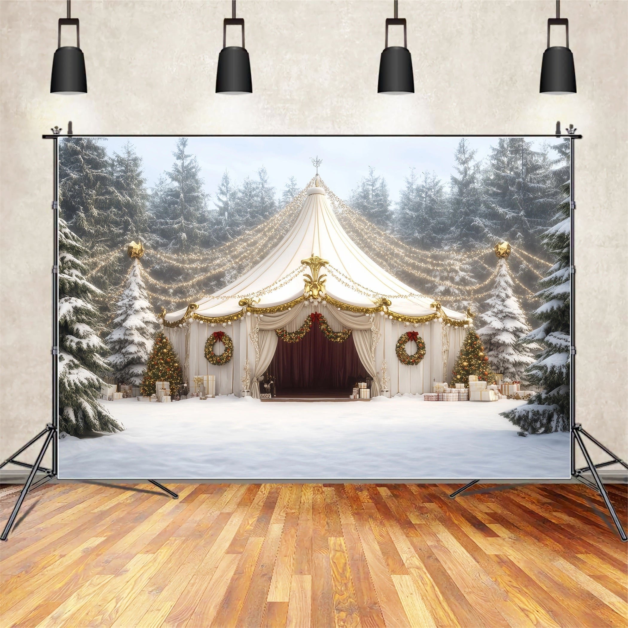 Weihnachtszirkus-Fotohintergrund Weiße Weihnachtsgirlande Zirkuszelt-Fotohintergrundideen TWW59-31