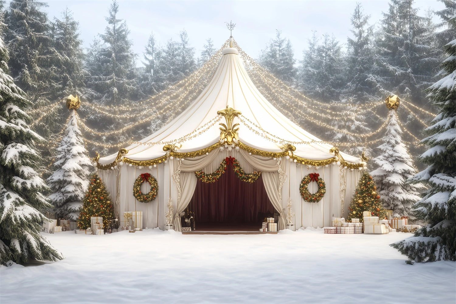 Weihnachtszirkus-Fotohintergrund Weiße Weihnachtsgirlande Zirkuszelt-Fotohintergrundideen TWW59-31