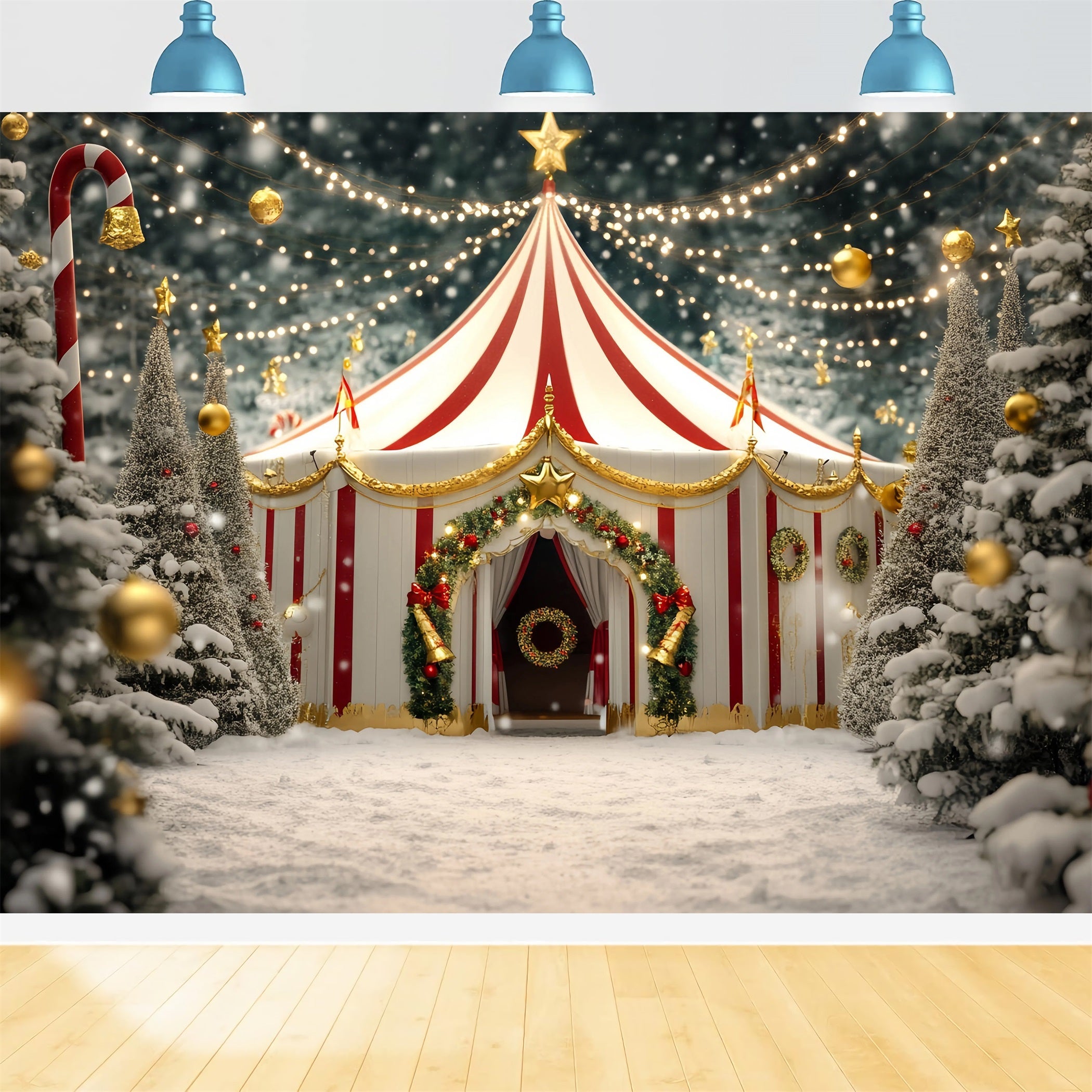 Weihnachtszirkus-Fotohintergrund Goldener Stern Festliches Zirkuszelt Karnevalsfotohintergrund TWW59-32