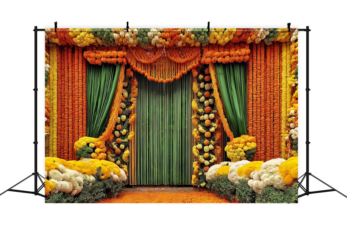 Hochzeit Indischer Fotohintergrund Lebhafte Ringelblumen-Blumengardinen Vintage-Hochzeitshintergrund TWW59-46