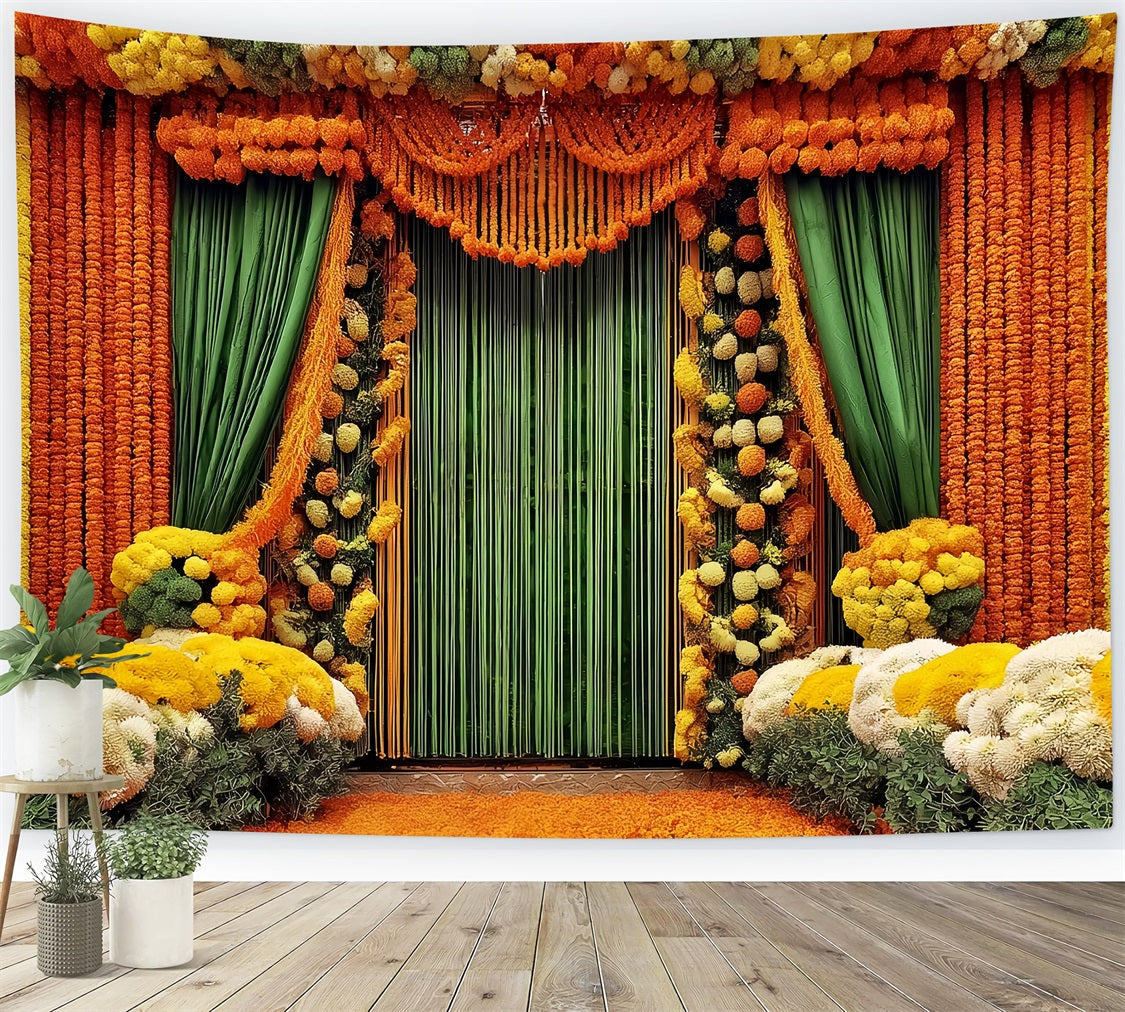 Hochzeit Indischer Fotohintergrund Lebhafte Ringelblumen-Blumengardinen Vintage-Hochzeitshintergrund TWW59-46