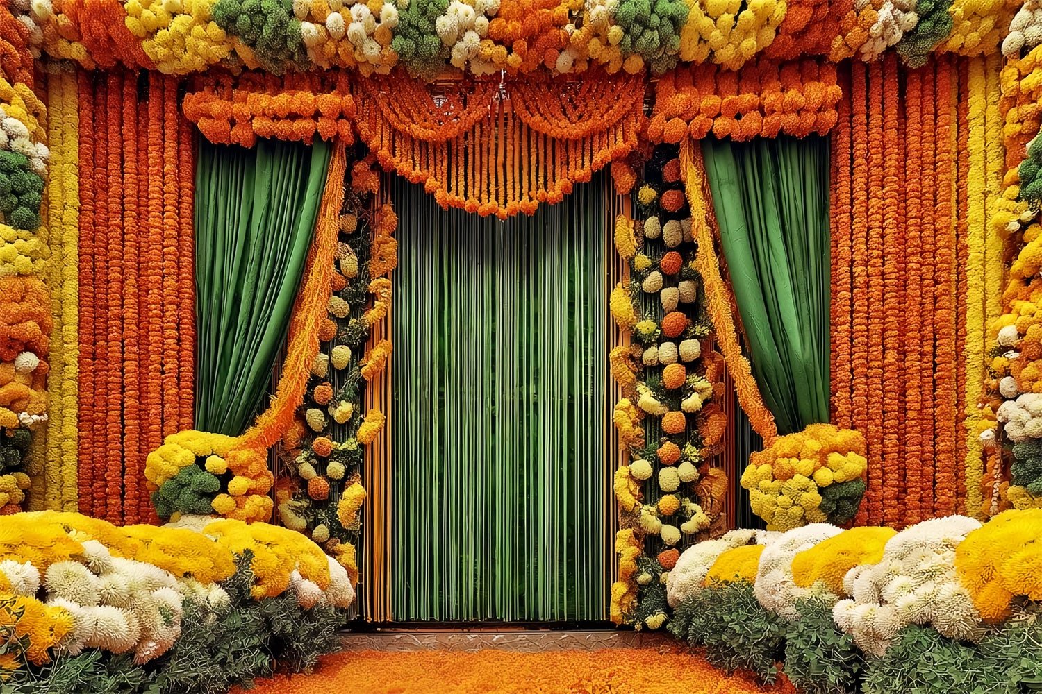 Hochzeit Indischer Fotohintergrund Lebhafte Ringelblumen-Blumengardinen Vintage-Hochzeitshintergrund TWW59-46