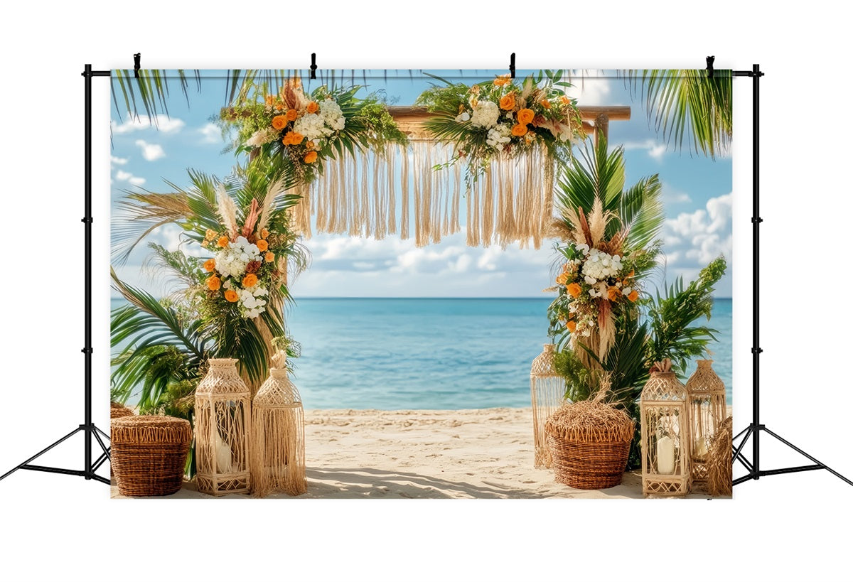 Hochzeits-Strandkulisse Tropischer Strand Blumenbogen Boho-Hochzeitskulisse TWW59-47