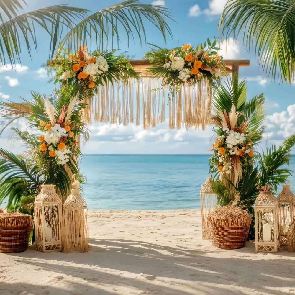 Hochzeits-Strandkulisse Tropischer Strand Blumenbogen Boho-Hochzeitskulisse TWW59-47