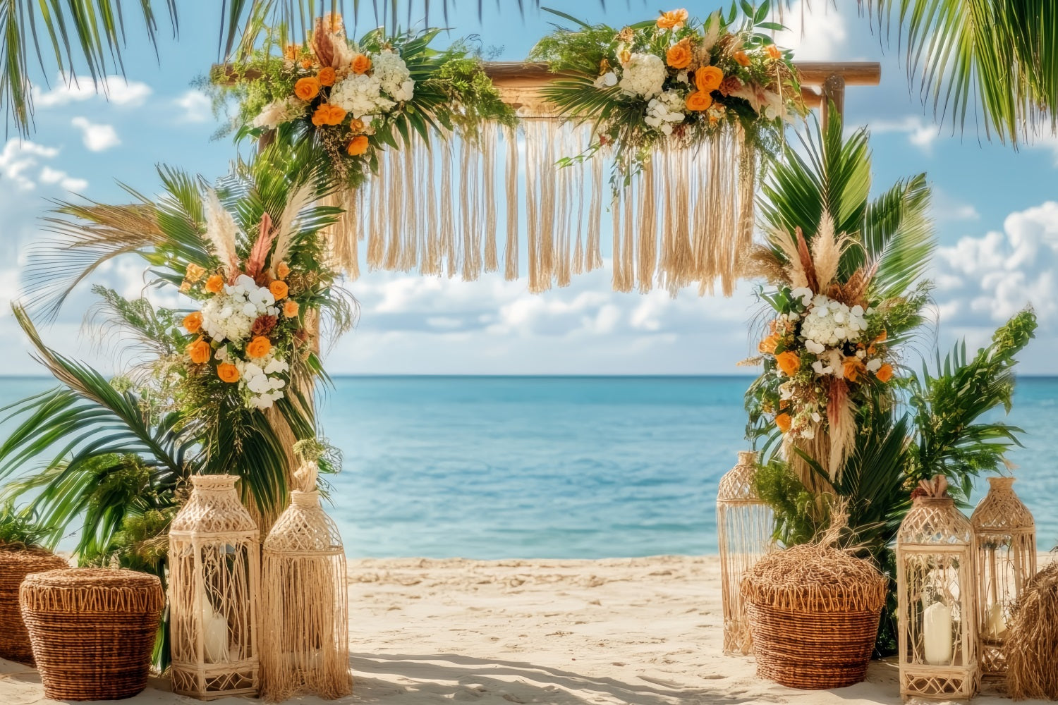 Hochzeits-Strandkulisse Tropischer Strand Blumenbogen Boho-Hochzeitskulisse TWW59-47