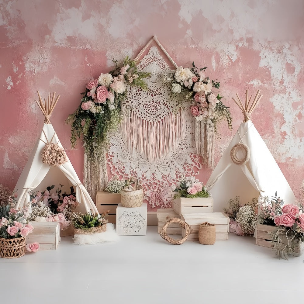 Hochzeit Boho-Fotohintergrund Bohemian Rosa Zelt Blumen Eleganter Hochzeitshintergrund TWW59-56