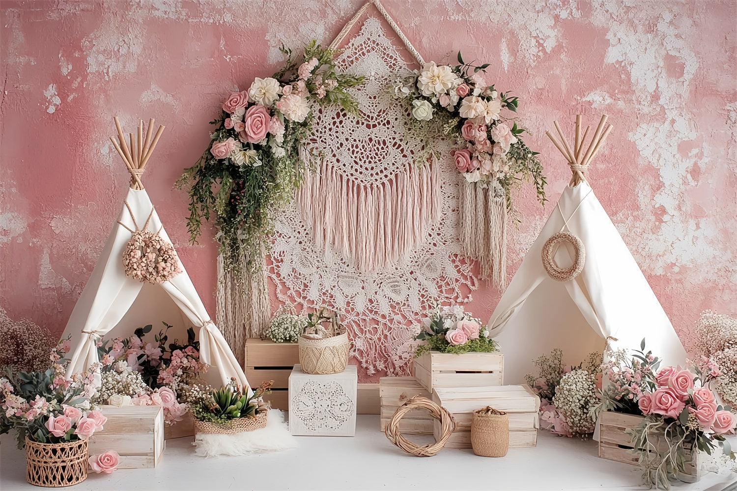 Hochzeit Boho-Fotohintergrund Bohemian Rosa Zelt Blumen Eleganter Hochzeitshintergrund TWW59-56