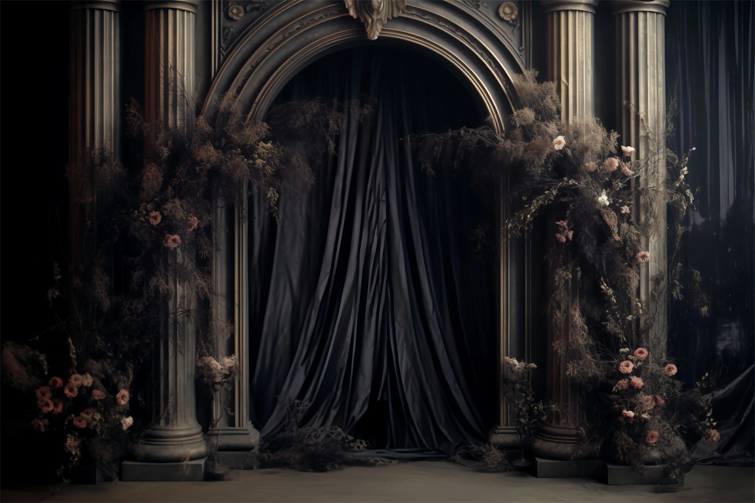 Hochzeit Gothique-Fotohintergrund Gotische Säulen Dunkle Blumen Hochzeit Hintergründe TWW59-59