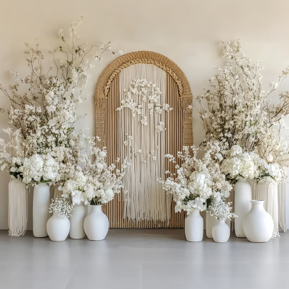 Hochzeits-Boho-Fotohintergrund Rustikaler Bogen Weiße Blüten Hochzeitshintergrund TWW59-61