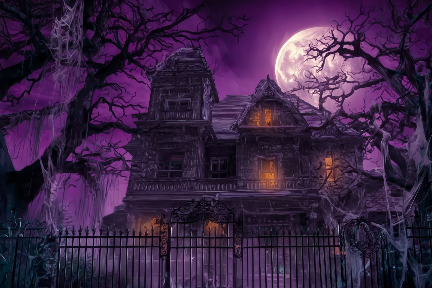 Halloween-Spukhaus-Fotohintergrund Lila Himmel Vollmond Gruselige Halloween-Hintergründe TWW59-63