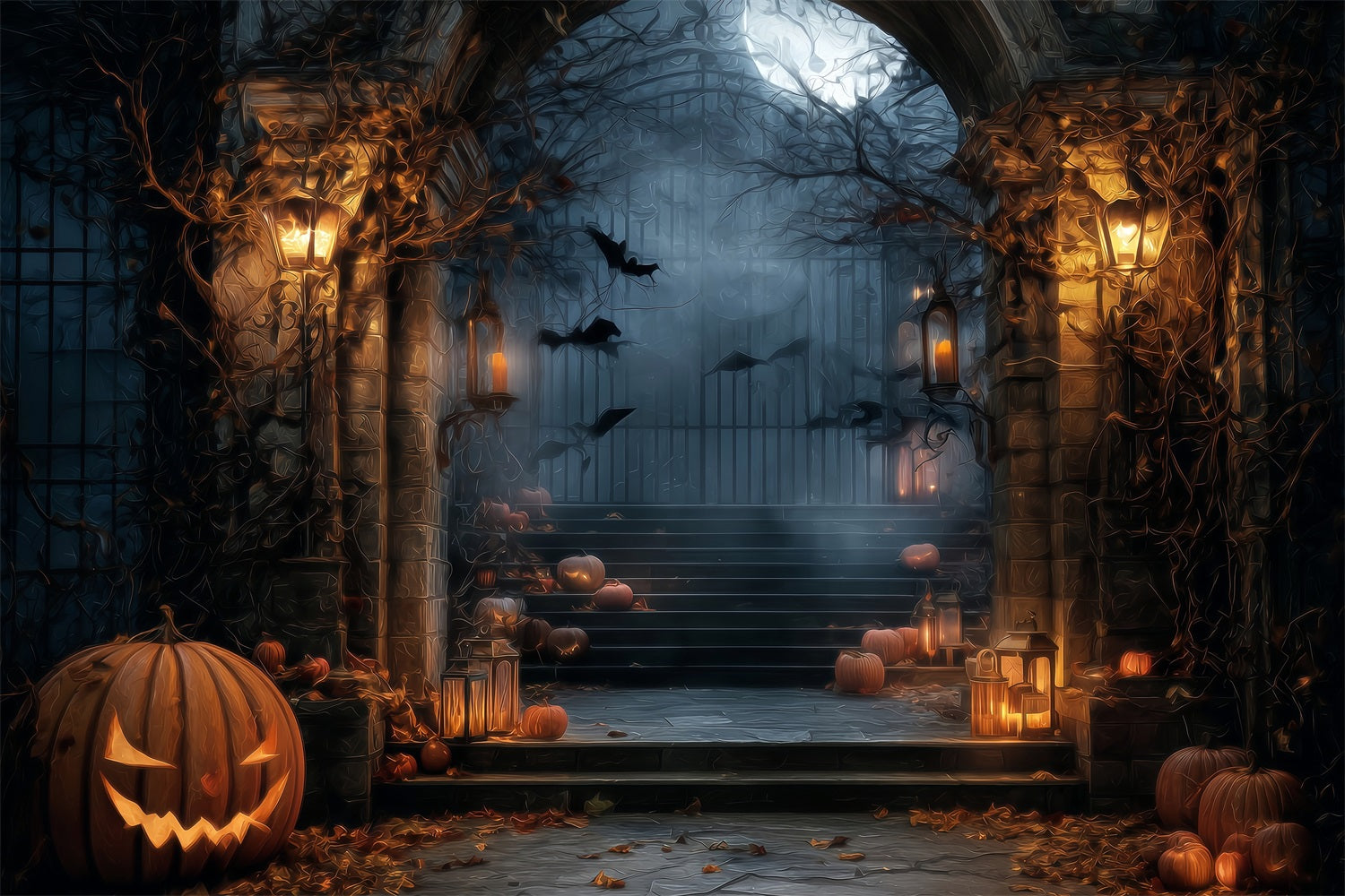 Halloween-Spukwald-Fotohintergrund Gruseliges Tor Laternen Kürbisse Halloween-Fotohintergrund TWW59-64