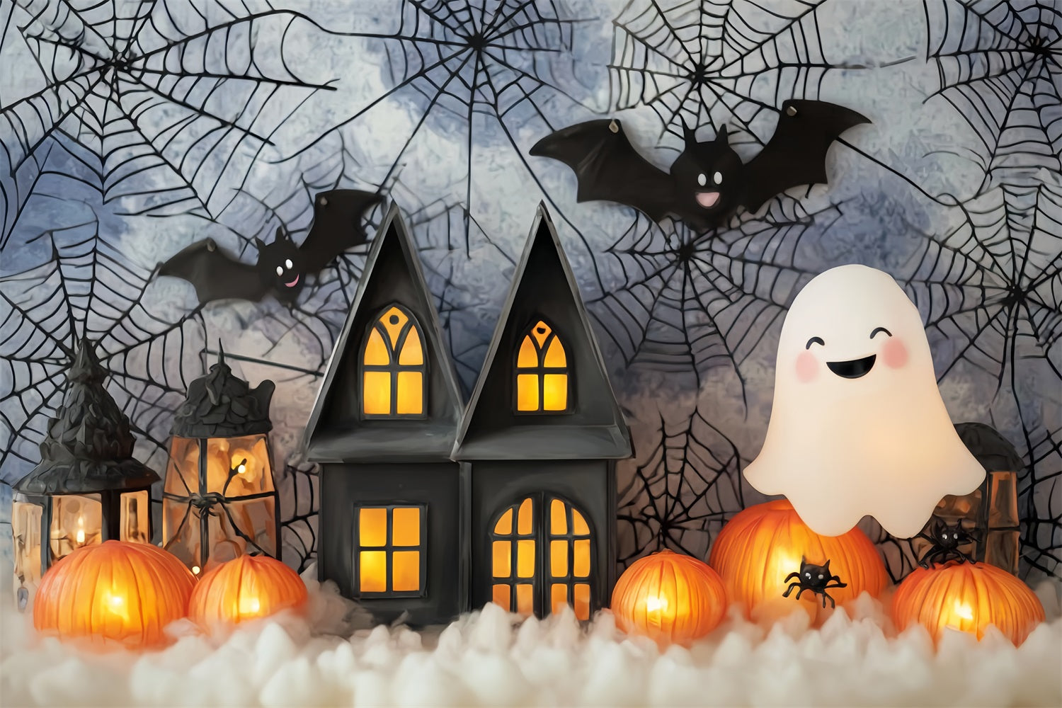 Halloween-Fotohintergrund mit Fledermäusen Niedliche Geister Kürbislaternen Halloween-Fotohintergrundideen TWW59-71