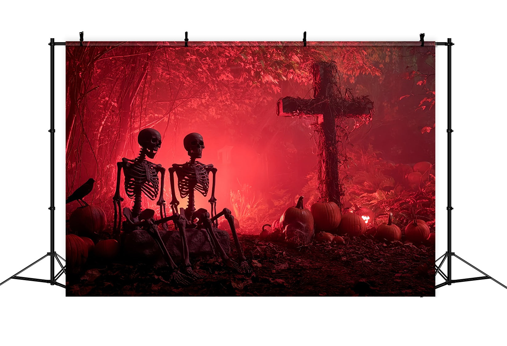 Halloween-Grusel-Fotohintergrund Skelett Friedhof Rotes Leuchten Gruseliger Halloween-Fotohintergrund TWW59-75