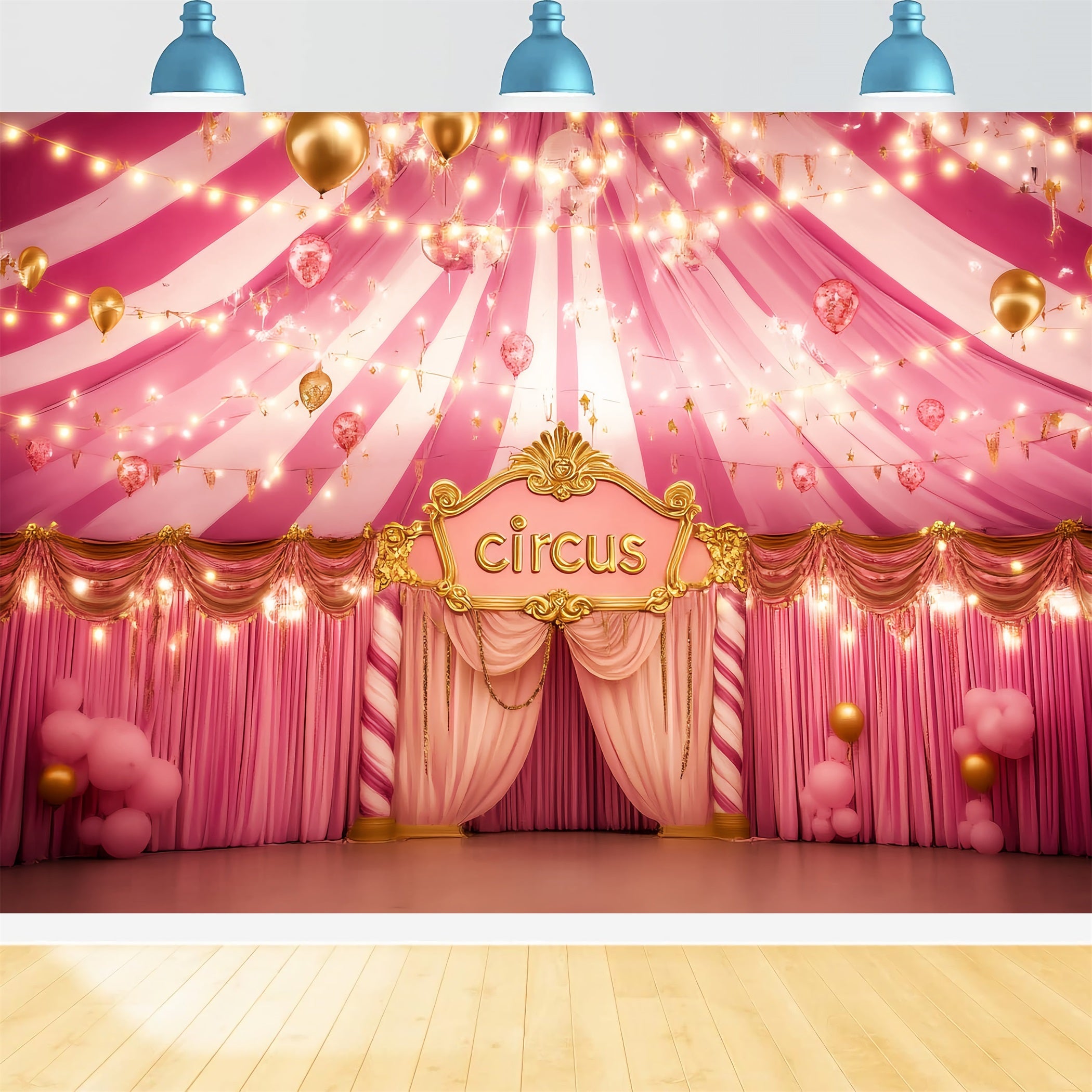 Karnevalszelt-Fotohintergrund Rosa Goldener Glamour Saal Rosa Zirkus-Fotohintergrund TWW59-8
