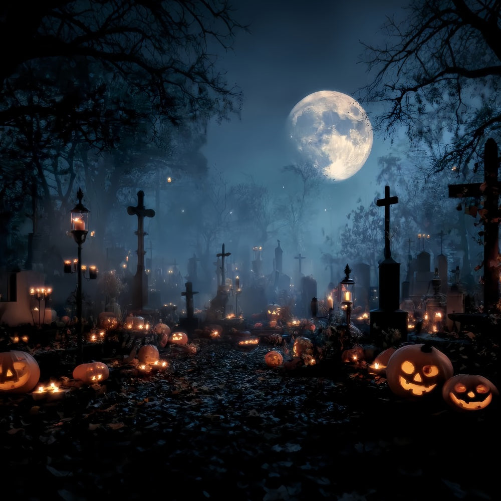 Halloween-Friedhof-Fotohintergrund Friedhof bei Kerzenschein Kürbiskreuze Halloween-Fotohintergrund TWW59-84