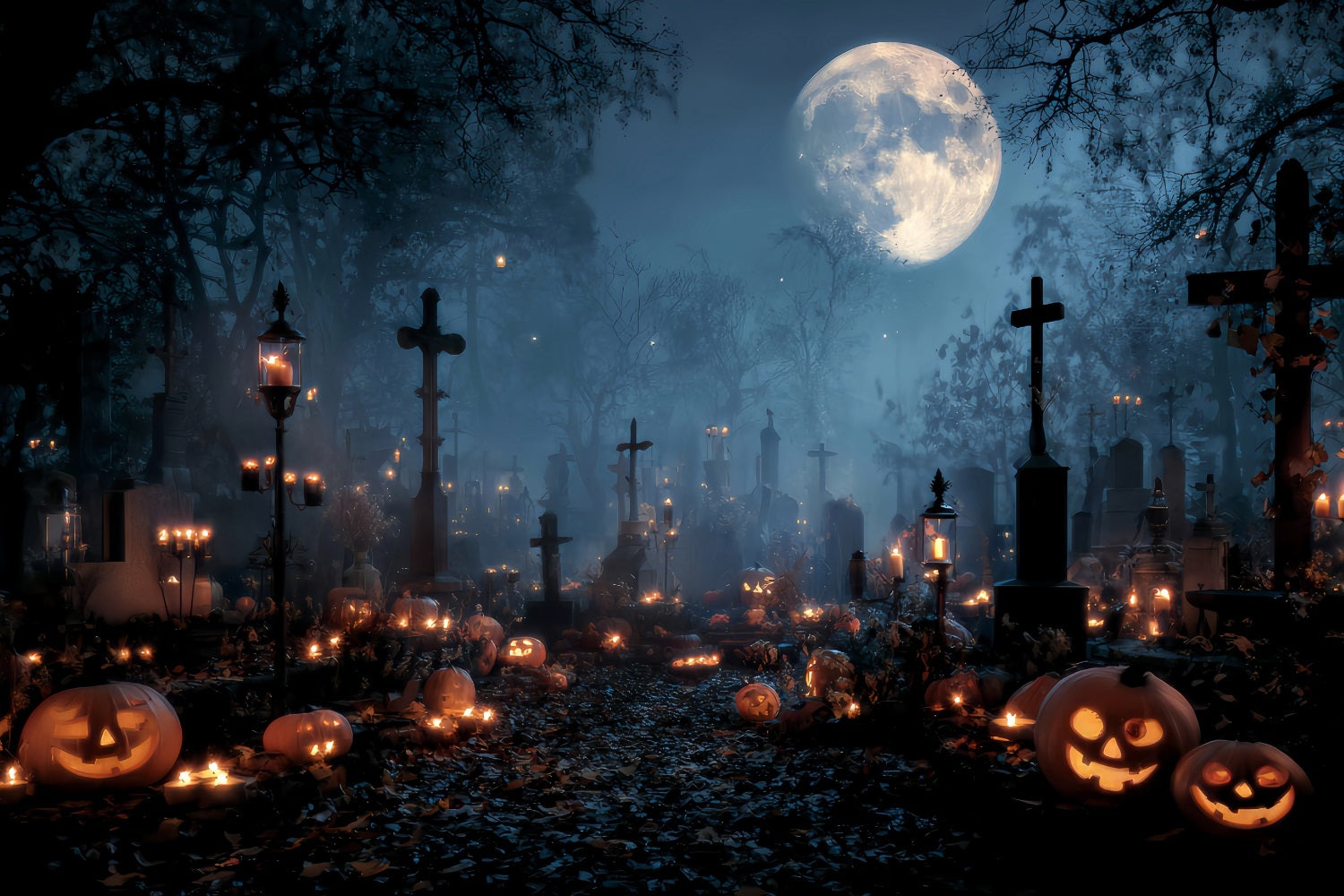 Halloween-Friedhof-Fotohintergrund Friedhof bei Kerzenschein Kürbiskreuze Halloween-Fotohintergrund TWW59-84