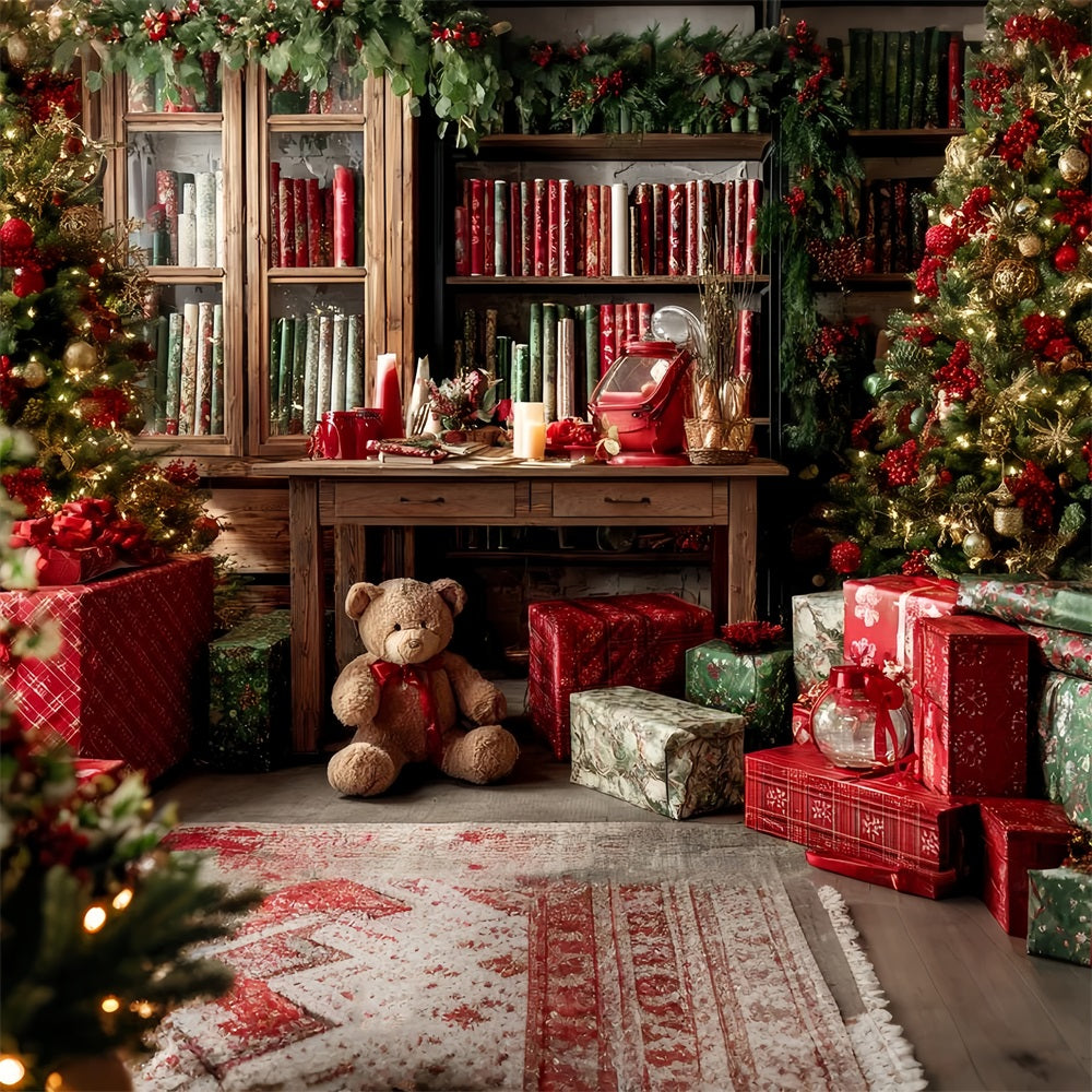Weihnachtsmann-Werkstatt Fotohintergrund Weihnachtsgeschenkverpackung Gemütliche Bibliothek WeihnachtsFotohintergrund TWW59-85