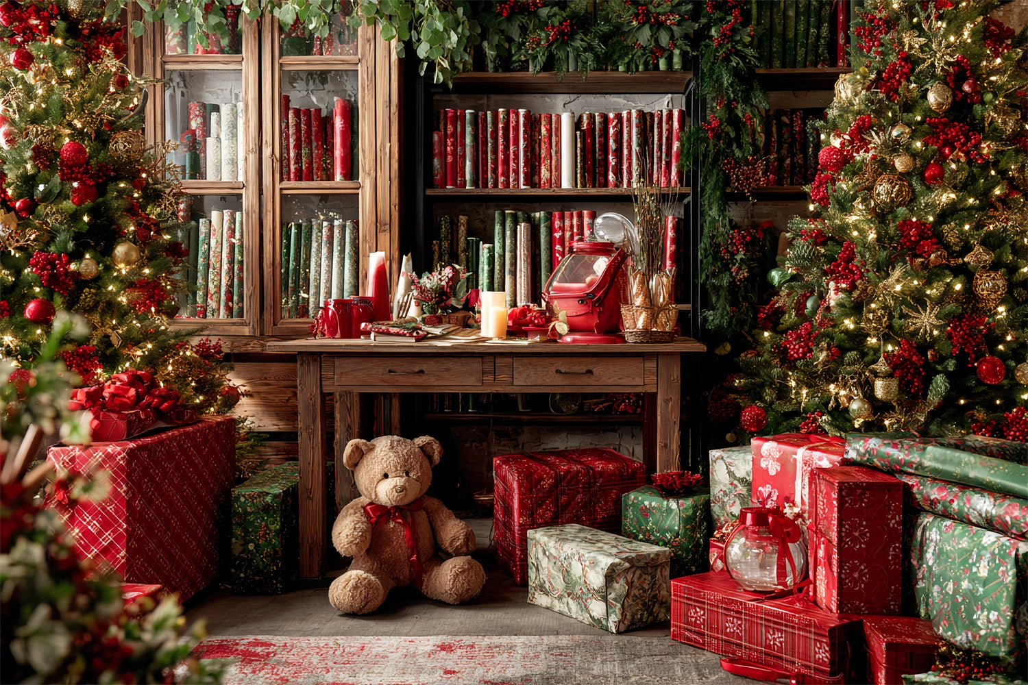 Weihnachtsmann-Werkstatt Fotohintergrund Weihnachtsgeschenkverpackung Gemütliche Bibliothek WeihnachtsFotohintergrund TWW59-85