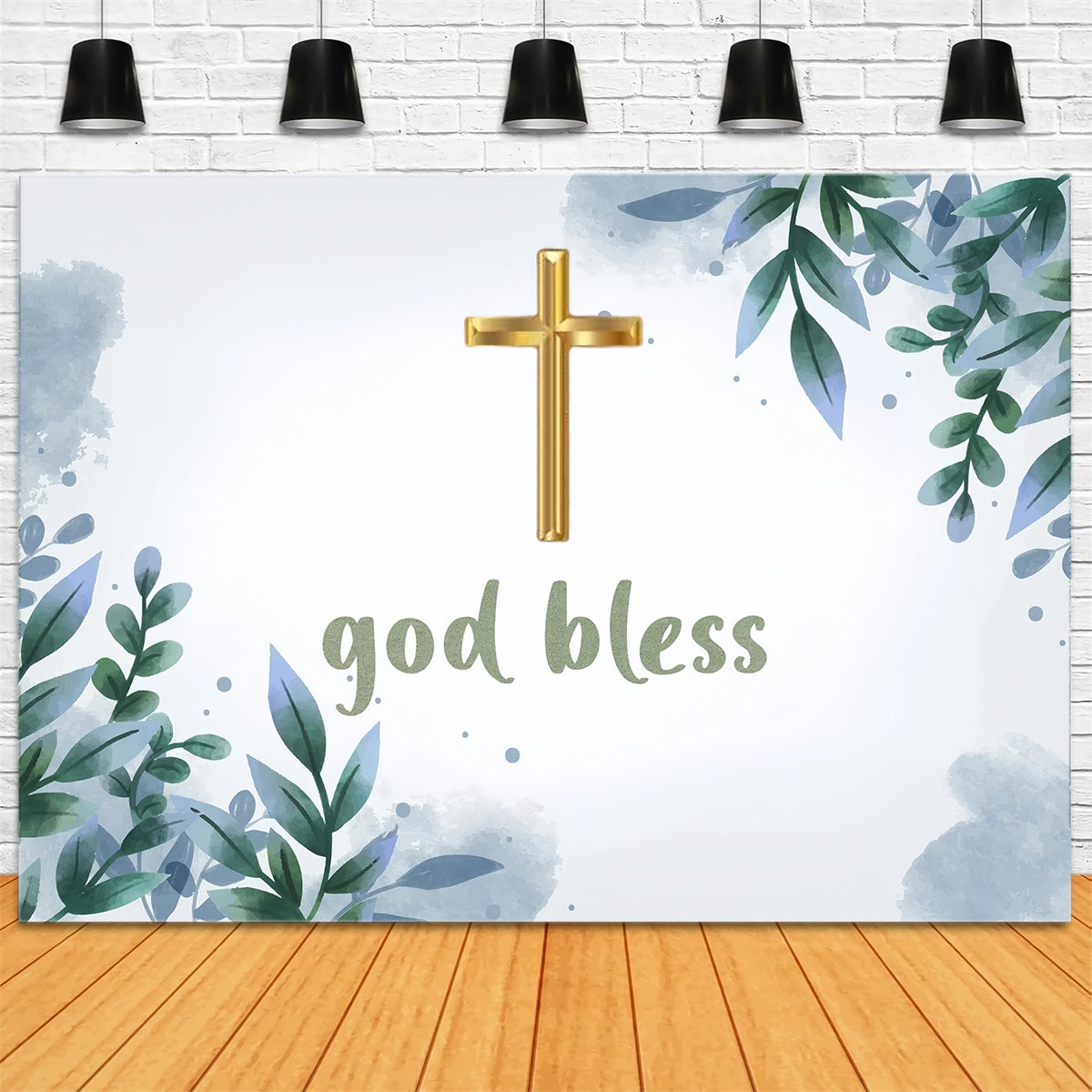 Taufe Backdrop Aquarell Greenery Gold Cross Backdrop XY2-113