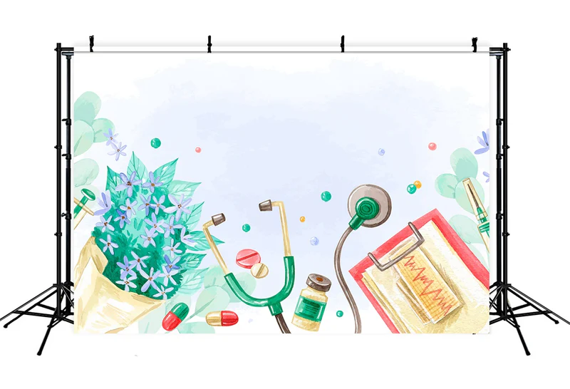 Nationaler Tag der Krankenschwestern Backdrop Medizinisches Zubehör Blumen Backdrop XY2-43