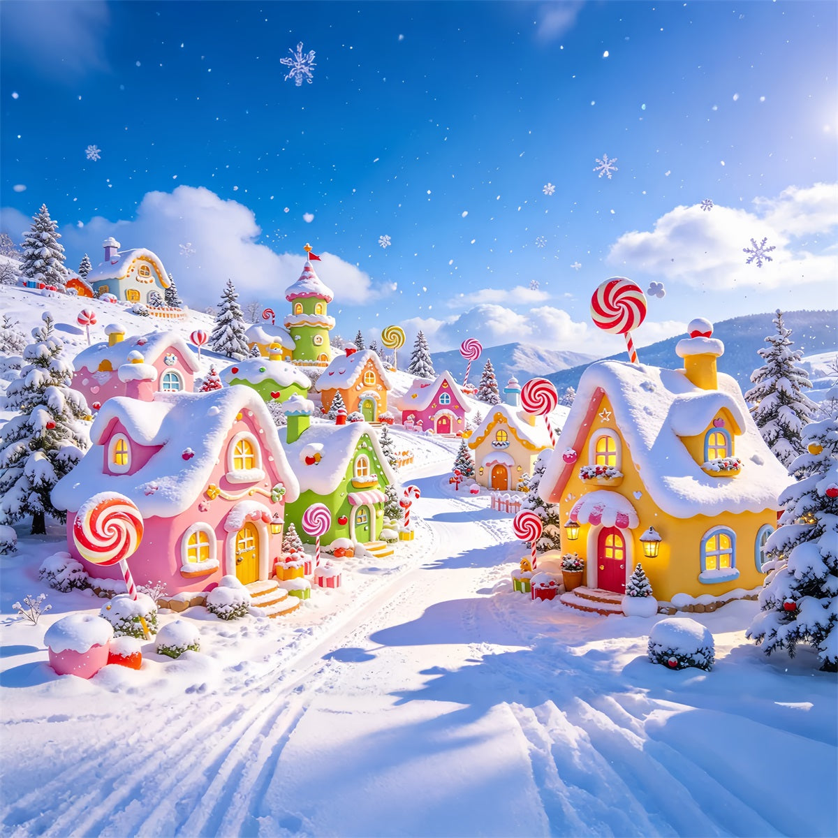 Weihnachtsdorf-Hintergrund Verschneites Pastellfarbenes Süßigkeitenhaus ZTT610-1