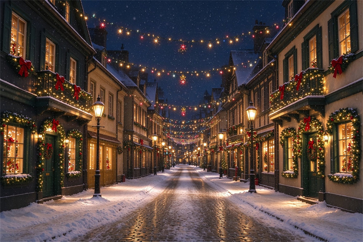 Weihnachtsdorf-Hintergrund Beleuchtete Verschneite Straße ZTT610-14