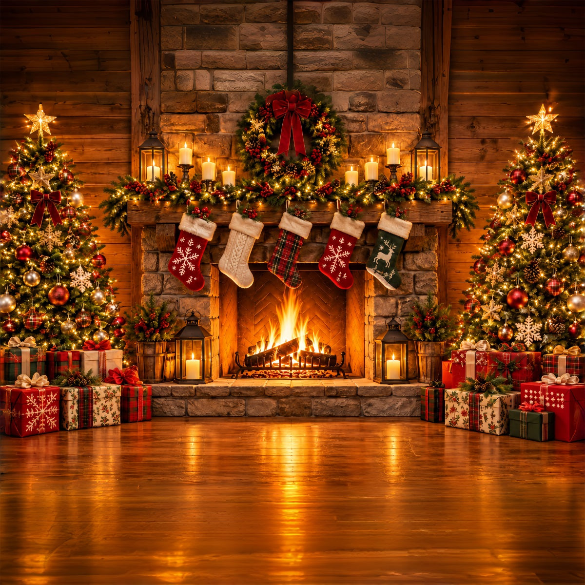 Weihnachtskamin-Hintergrund Rustikaler Steinkamin Mit Weihnachtssocken ZTT610-24