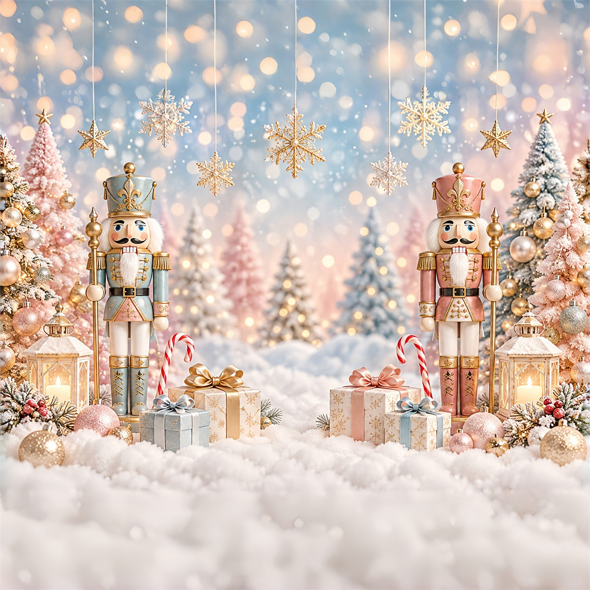 Weihnachtlicher Fotohintergrund Pastellfarbene Bäume Schnee-Bokeh Nussknacker ZTT610-26