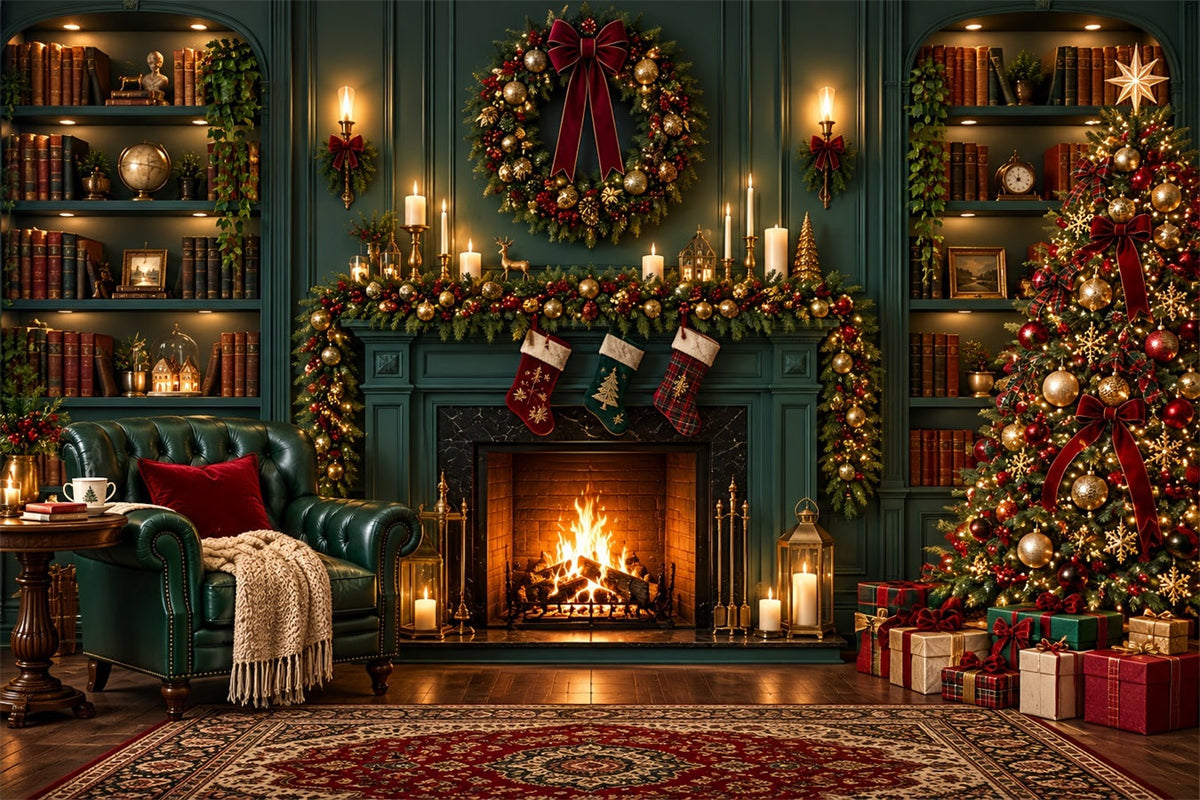 Weihnachtskamin-Hintergrund Vintage Smaragdgrüne Bibliothek Weihnachtssocken ZTT610-30