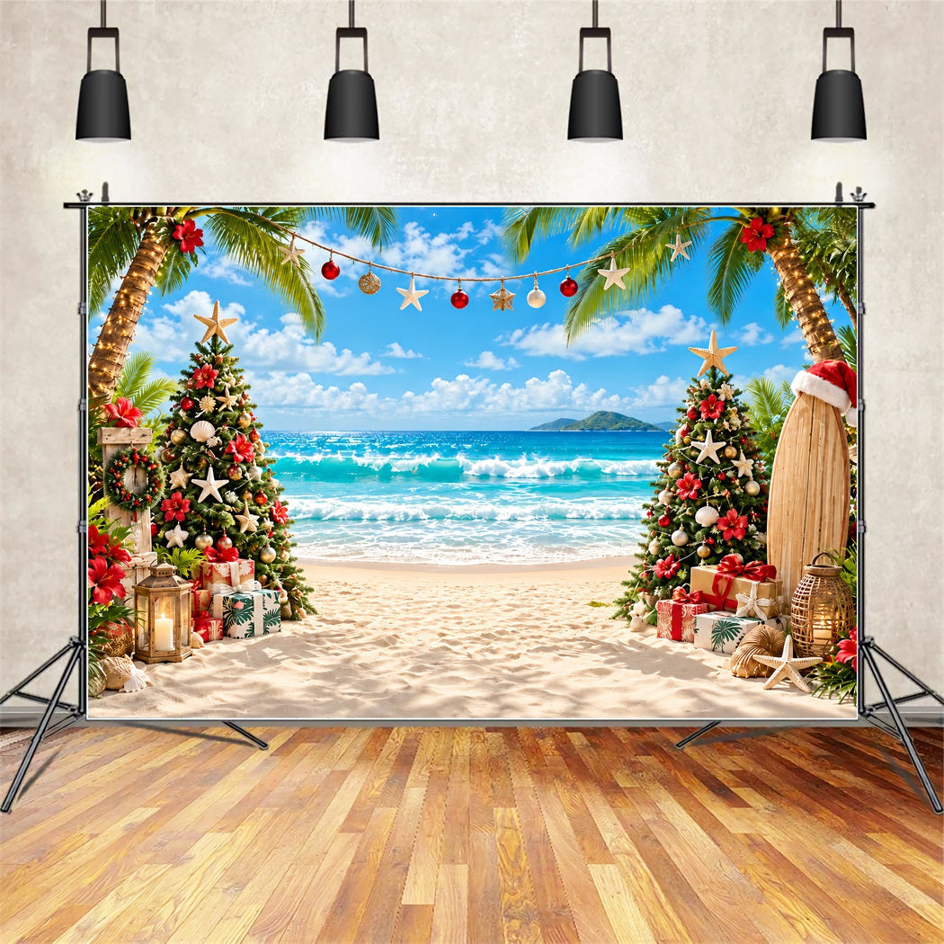 Tropischer Weihnachtshintergrund Strand Meer Surfbrett Weihnachtsbaum ZTT610-37