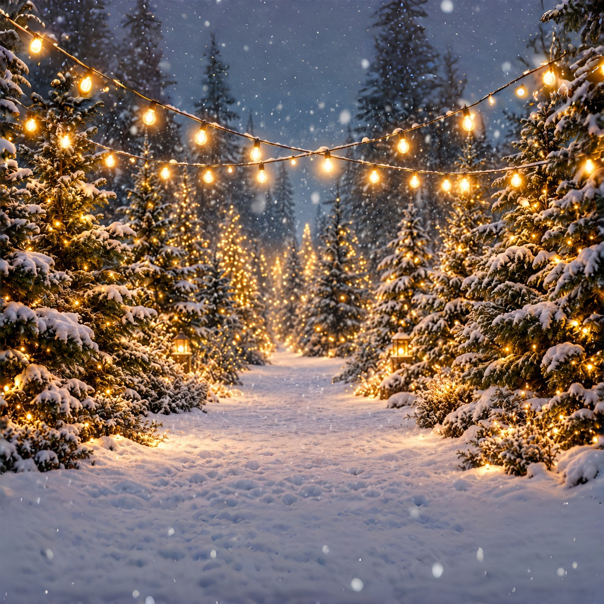 Weihnachtsbaumfarm-Hintergrund Leuchtender Verschneiter Waldweg ZTT610-46