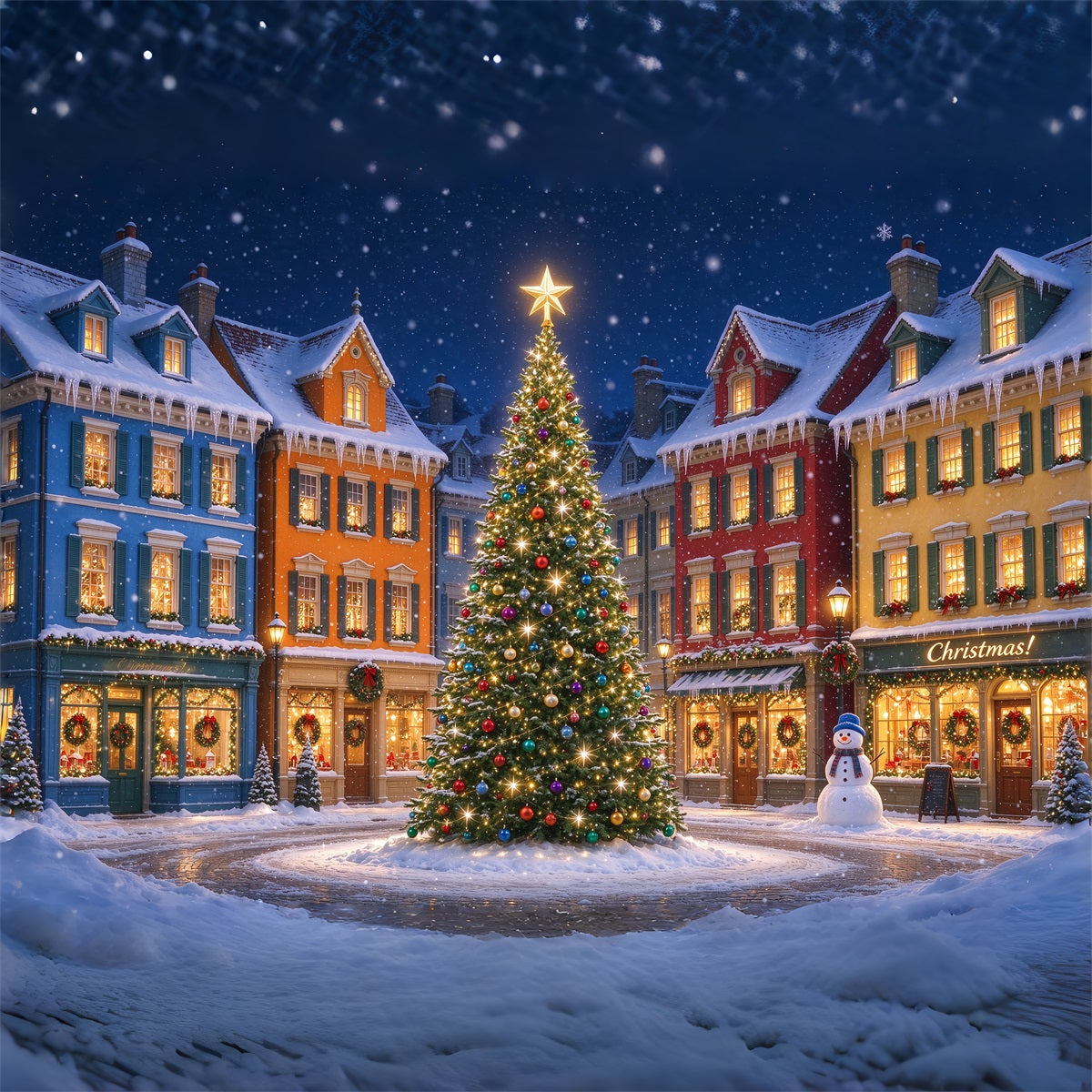 Weihnachtlicher Dorfhintergrund Bunte Verschneite Häuser Weihnachtsbaum ZTT610-47