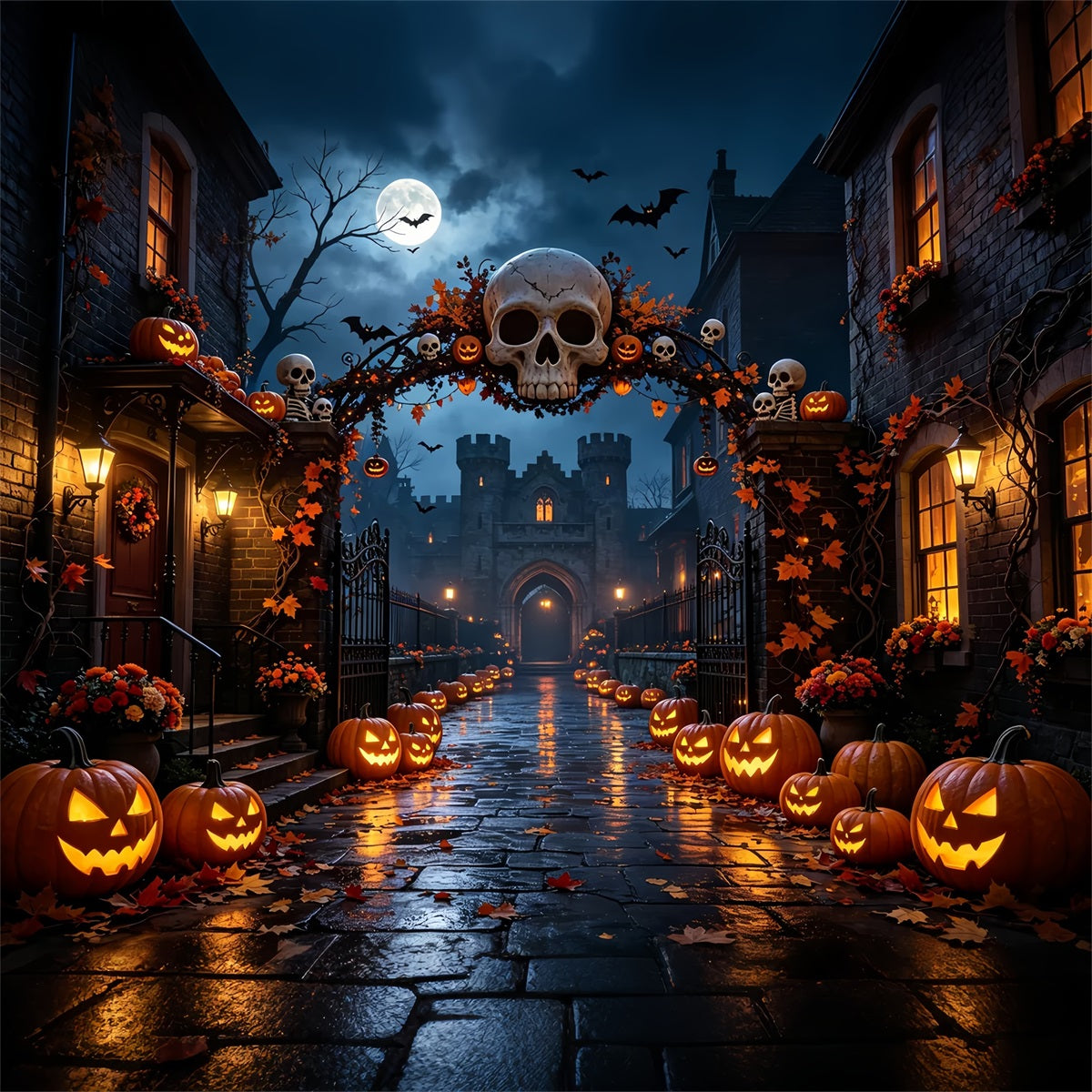 Halloween-Party-Hintergründe Totenkopfbogen Kürbisstraße Halloween-Fotokabinen-Hintergrund ZTT67-27