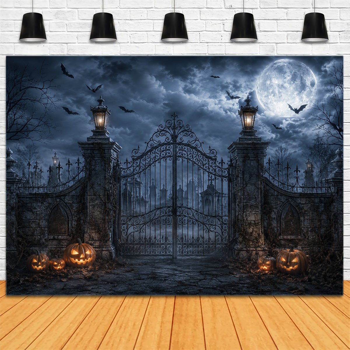 Halloween-Fotohintergrund-IdeenMondbeschienener Kürbis Friedhofstor Halloween-Fotohintergrund ZTT67-35