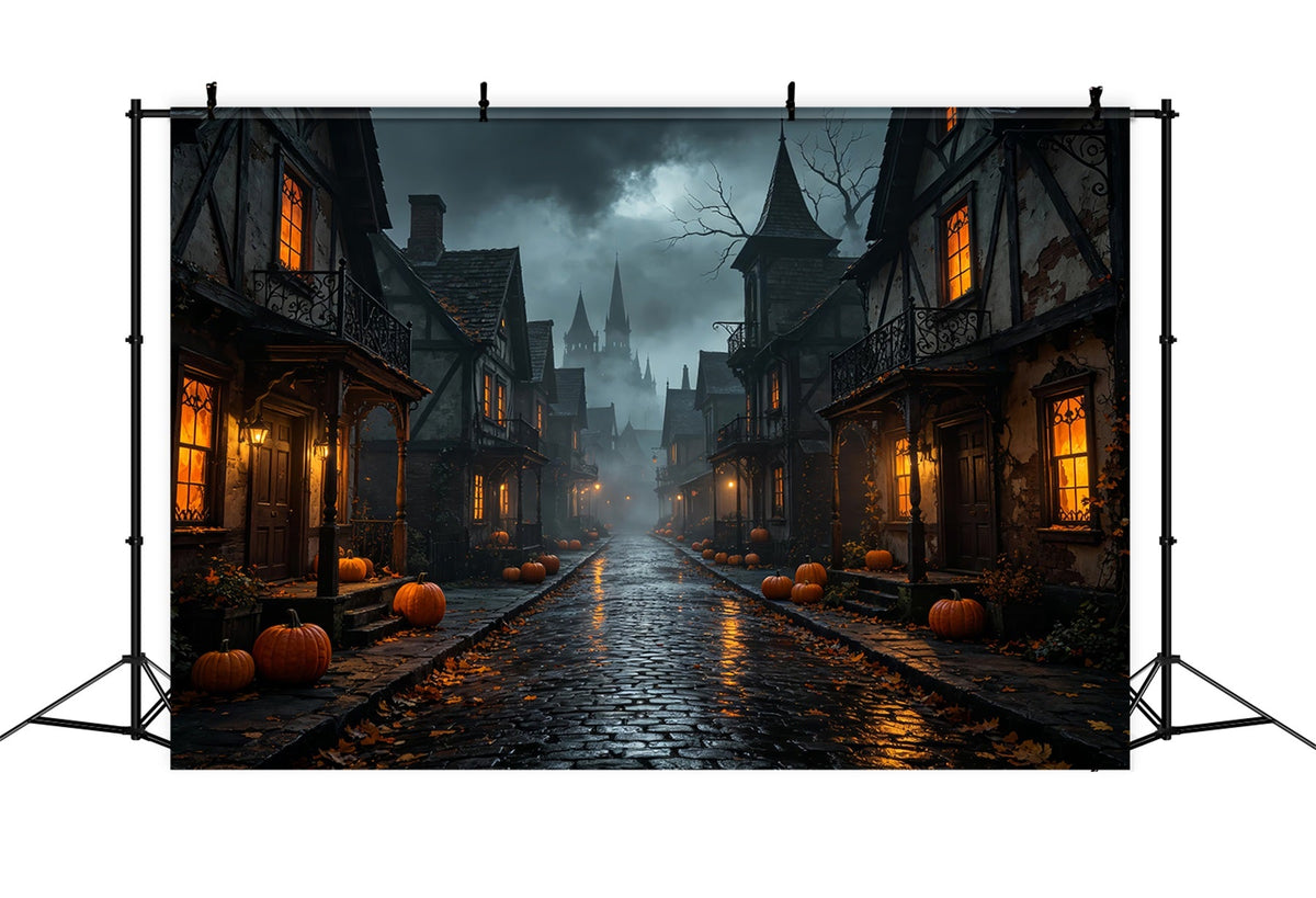Halloween-Kulissen Aus Pappe Neblige Kürbis-Dorfstraße Halloween-Fotografie-Hintergrund ZTT67-39