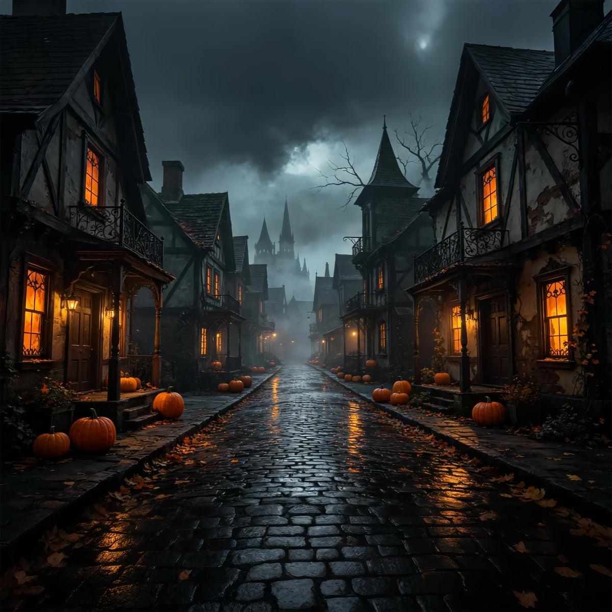 Halloween-Kulissen Aus Pappe Neblige Kürbis-Dorfstraße Halloween-Fotografie-Hintergrund ZTT67-39