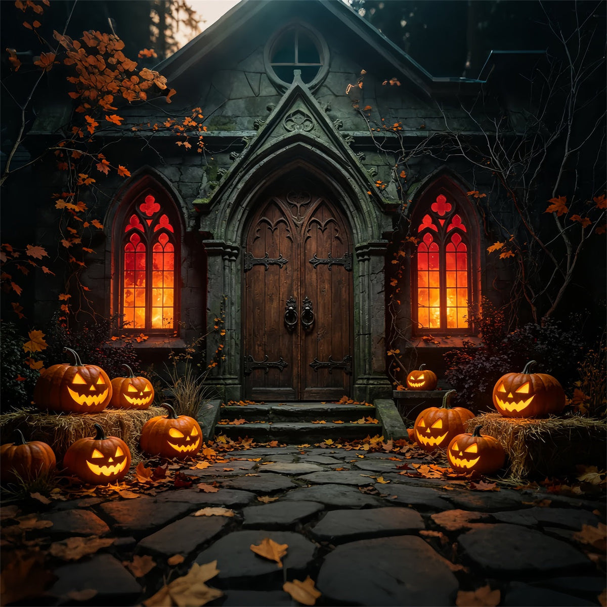 Halloween-Fotohintergrund Im Gotischen Stil Mit Kürbis-Kapelle Eingang ZTT67-41