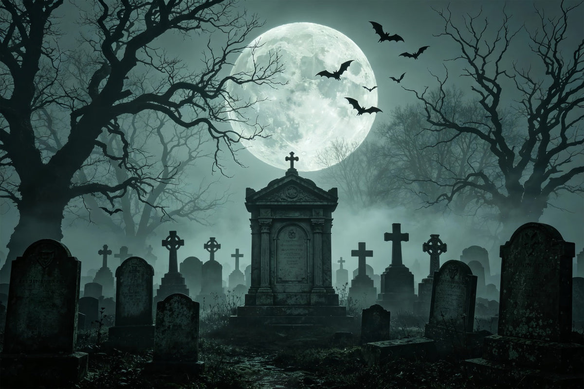 Halloween-HintergrundBallon Mondbeschienener Nebliger Friedhof Denkmal Halloween-Stoffhintergrund ZTT67-56