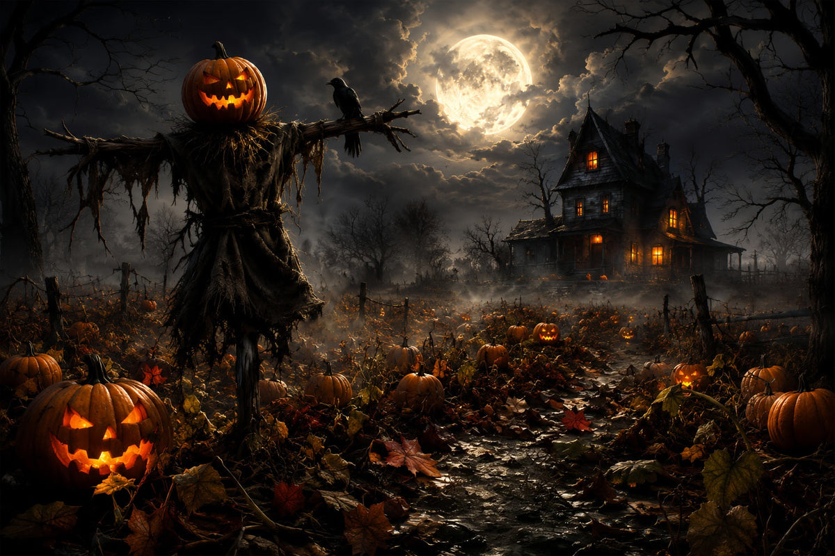 Kürbisbeet-Hintergrund Mondbeschienene Vogelscheuche Bauernhaus-Halloween-Hintergrundideen Zum Selbermachen ZTT67-58