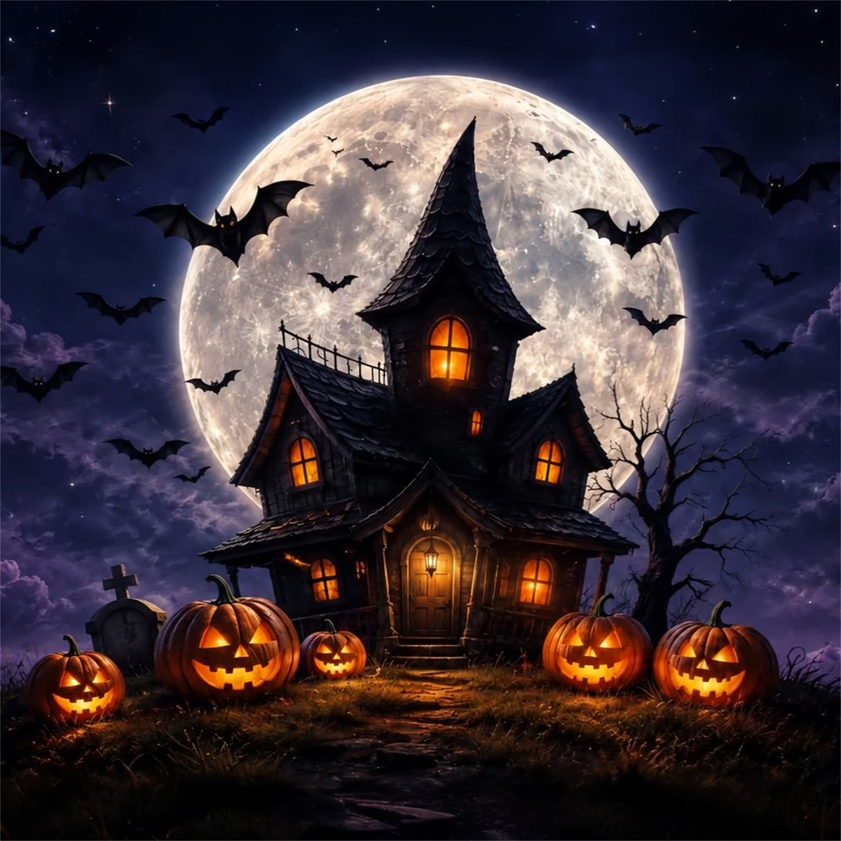 Hexenhöhle-Kulisse Mondbeschienener Kürbis Spukhaus Halloween-Szene Hintergrund ZTT67-60