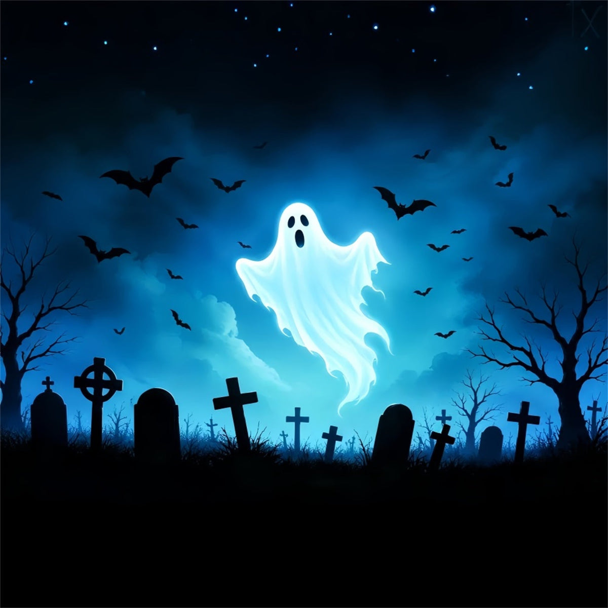 Geister-Buntglas-Hintergrund Leuchtender Geister-Fledermaus-Friedhof Coole Halloween-Hintergründe ZTT67-66