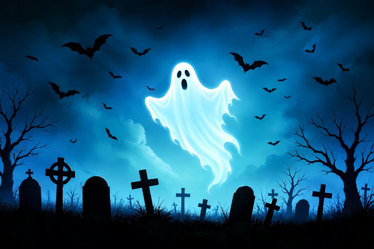 Geister-Buntglas-Hintergrund Leuchtender Geister-Fledermaus-Friedhof Coole Halloween-Hintergründe ZTT67-66