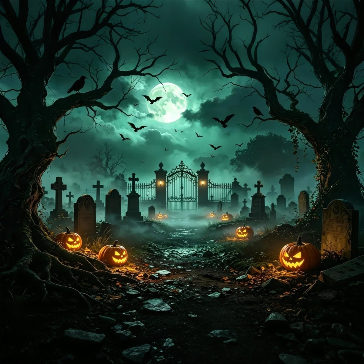 Halloween-Hintergrund Mit Hund Mondbeschienenem Kürbis Friedhofstor Ostergrab-Hintergrund ZTT67-67