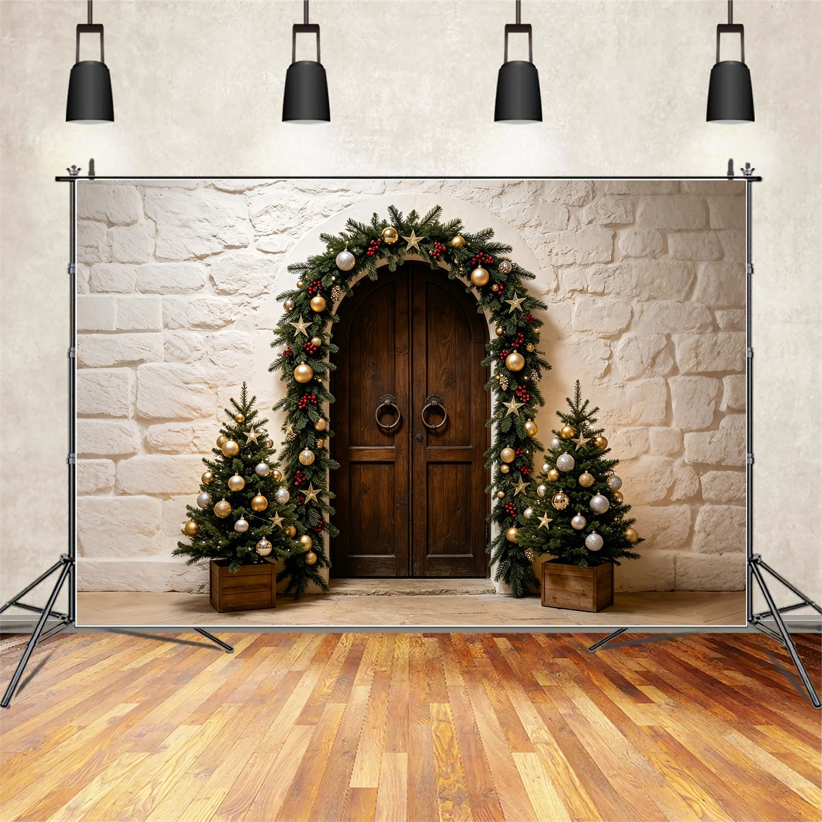 Einfacher Weihnachtshintergrund Steinbogen-Girlandeneingang Weihnachtsfotohintergrund ZTT69-14