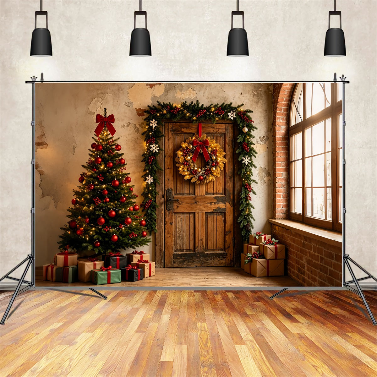 Weihnachtskulisse Rustikaler Türkranz Für Den Eingang Weihnachtswand-Hintergrund ZTT69-2