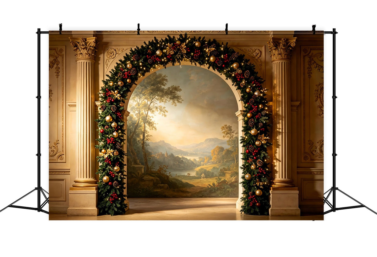 Viktorianische Weihnachtskulisse Eleganter Girlandenbogen Weihnachtshintergrund Für Fotografie ZTT69-26