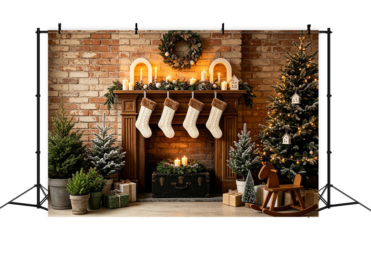 Rustikale Weihnachtskulisse Kamin Aus Ziegelsteinen, Strümpfe Als Dekoration Weihnachtskulisse Für Den Innenbereich ZTT69-32