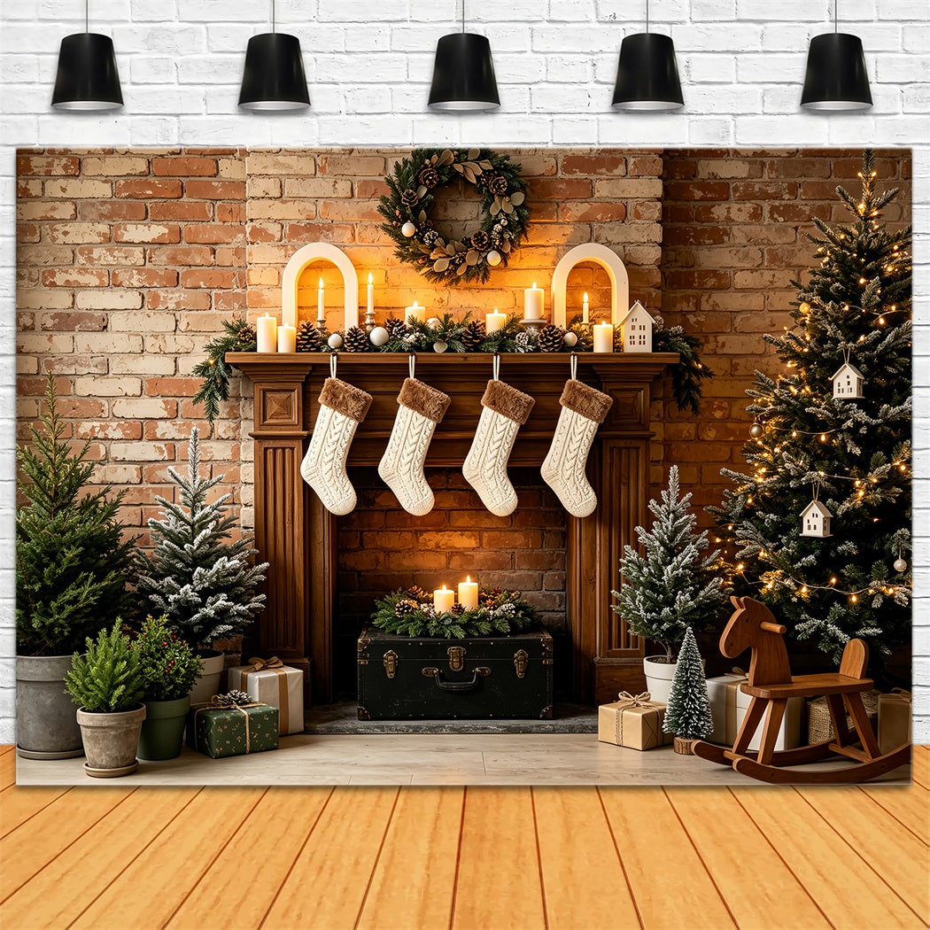 Rustikale Weihnachtskulisse Kamin Aus Ziegelsteinen, Strümpfe Als Dekoration Weihnachtskulisse Für Den Innenbereich ZTT69-32